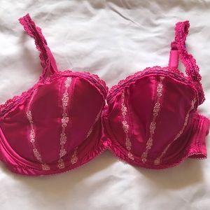Pink satin push up bra with purple lace, Paris
